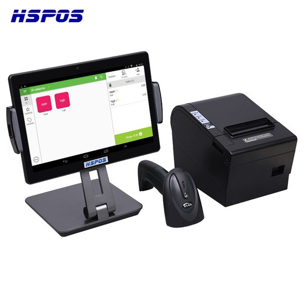 

hspos retail 10 inch android pos terminal with printer and 1d bluetooth barcode scanner built in cash register app