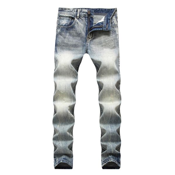 Luz do vintage Azul Homens Midweigth Stretch Spandex Denim Slim Fit Calças de calças de calças para negócios grossos algodão masculino calças jean