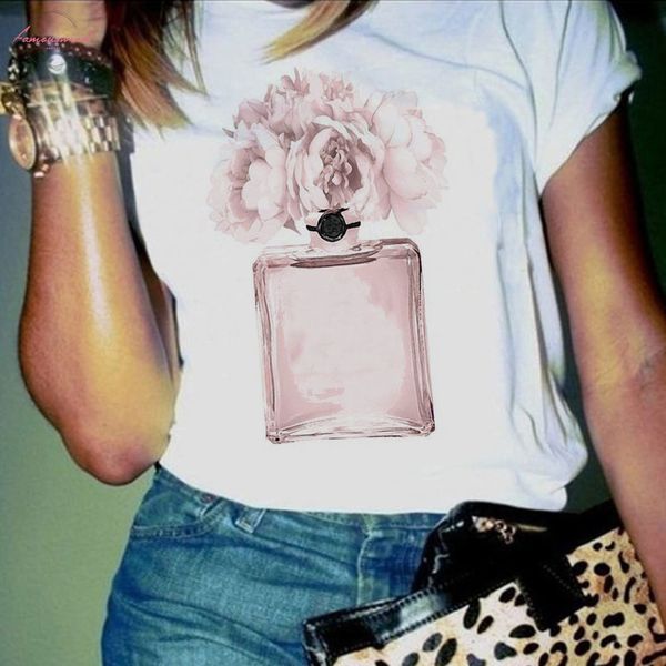 

women clothes 2019 summer spandex new harajuku fashion perfume flower woman female t shirt leisure vogue thin section printed tshirt top, White