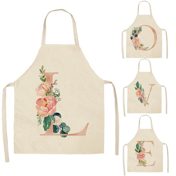 

1 pcs pink letter flower kitchen aprons for women cotton linen bibs household cleaning pinafore home cooking apron