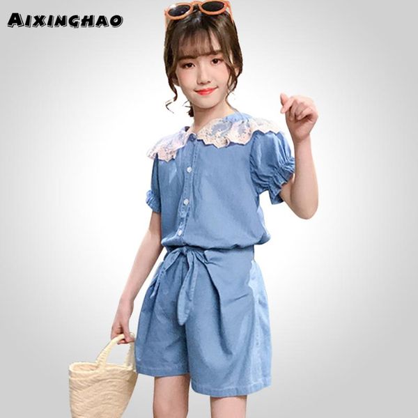 

teen girls denim clothing lace clothing for girls blouse + short outfit for patchwork children's summer, White