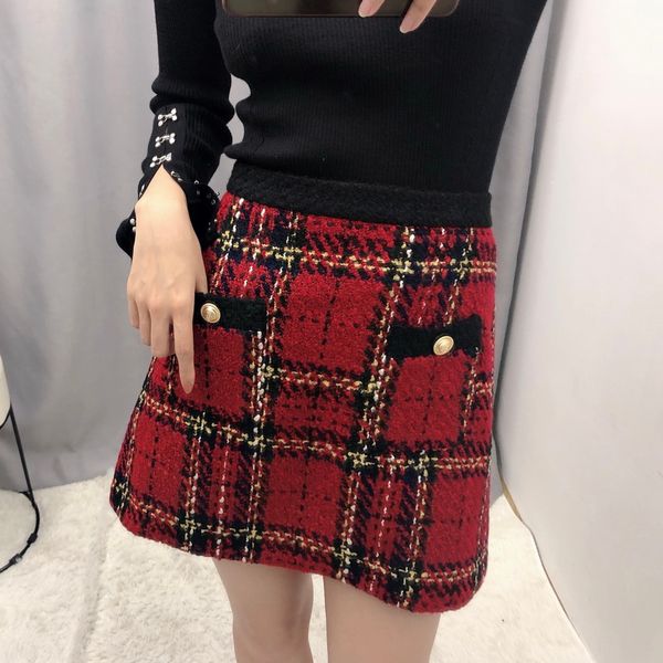 

autumn women skirt 2019 new fashion plaid woolen bottom modern girl a-line mini skirts, Black