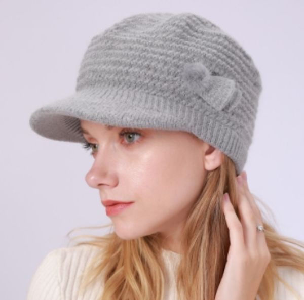 

2019 european women autumn and winter new solid color knitted hat plus velvet warm rabbit wool caps beret wholesale, Blue;gray