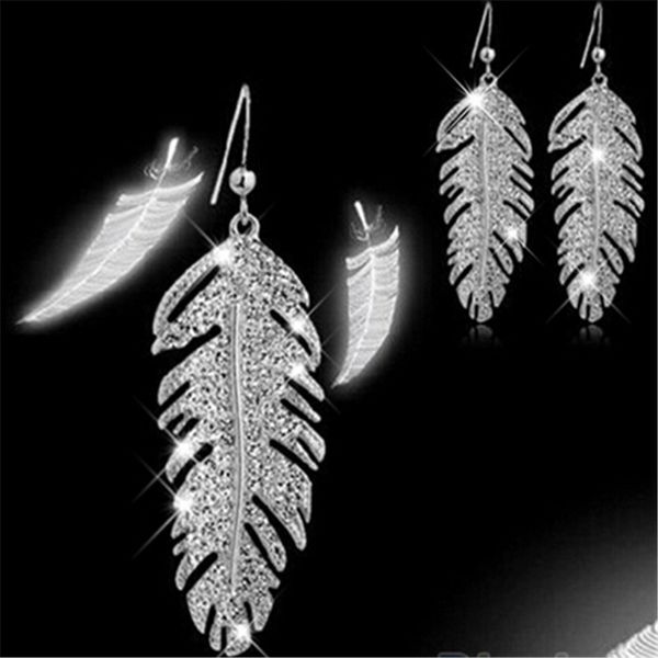 

new women's retro alloy feather rhinestone drop earrings hook dangle earrings party cc1280, Silver