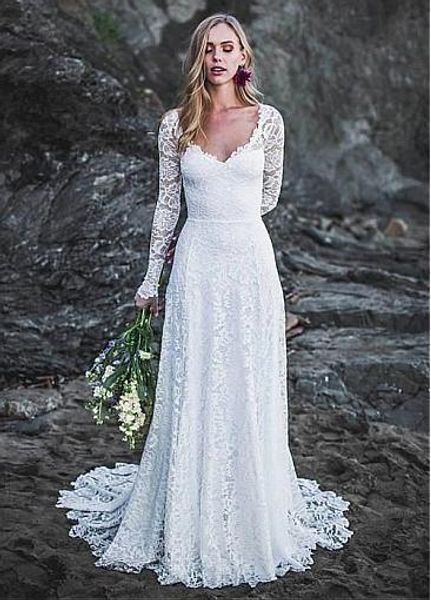 

boho lace wedding dresses long sleeve v neck backless mermaid 2019 winter bohemian bridal gowns customize plus size, White