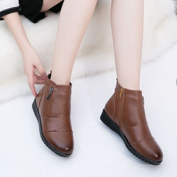 

mom winter marthin boots women genuine leather shoes warm plush boots woman zipper rubber women's ankle, Black