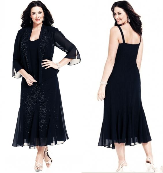

navy blue chiffon tea length plus size mother of the bride dresses with jacket 3/4 sleeves mother party dresses mother formal wear, Black;red