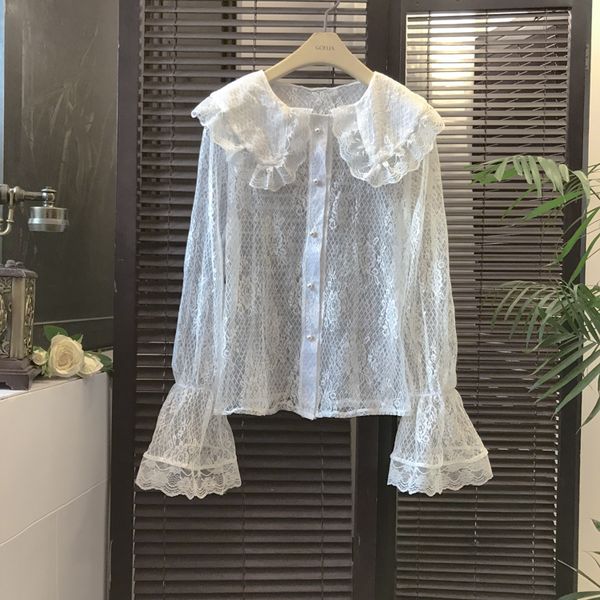 

crochet lace sheer transparent shirt women flare sleeve blouse baby doll inside chemisier femme renda blusa mujer camisa, White