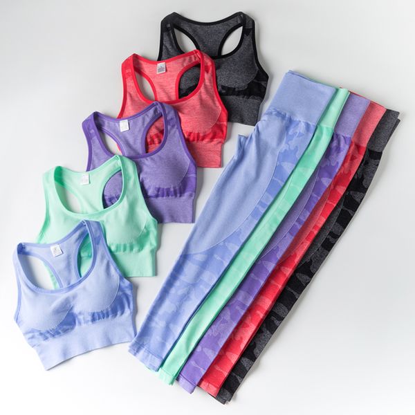 

yoga outfits camo seamless set women fitness bra high waist gym leggings sports suits, White;red