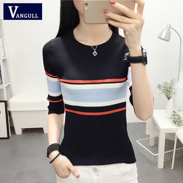 

vangull knitted women sweaters autumn o-neck long sleeve striped pullovers 2019 spring new casual elasticity slim female sweater, White;black