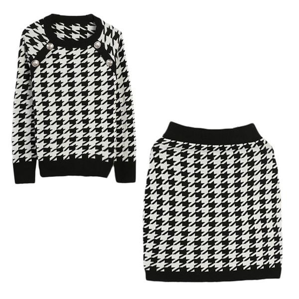 

2019 new fshion houndstooth knit ropa de mujer two piece brand long sleeve dress womens clothing 2 piece set plus size s-l, White