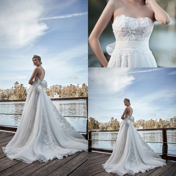

modern a line maisonsignore bohemian dresses strapless sleeveless tulle lace applique sash bow wedding gowns sweep train robe de mariÃ©e, White