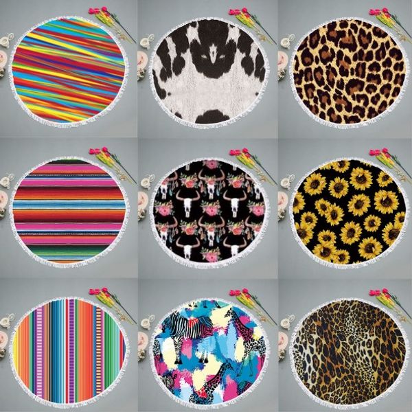 

9 styles 150cm leopard print round tassel beach towel women's shawl tablecloth picnic blanket yoga mat round beach towel