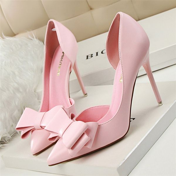 

sweet bowknot high heel shoes side hollow pointed women pumps pointed toe .5cm thin dress shoes high heels women tacones mujer, Black