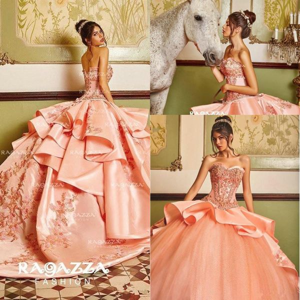 

румяна персиковое бальное платье с бисером платья quinceanera милая шея аппликация sweet 16 платье атласная развертки поезд блестками маскар, Blue;red