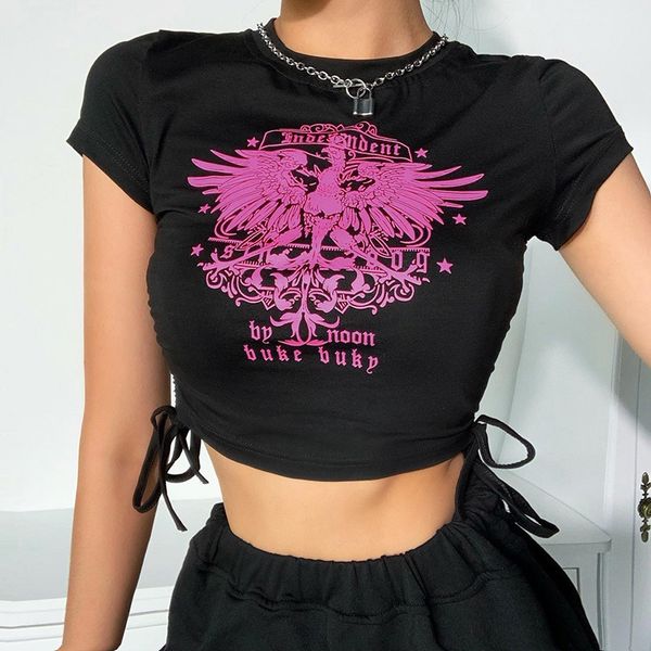 

ins european and american 2020 summer new gothic eagle print navel strap fashion street t-shirt female 22150sale, White