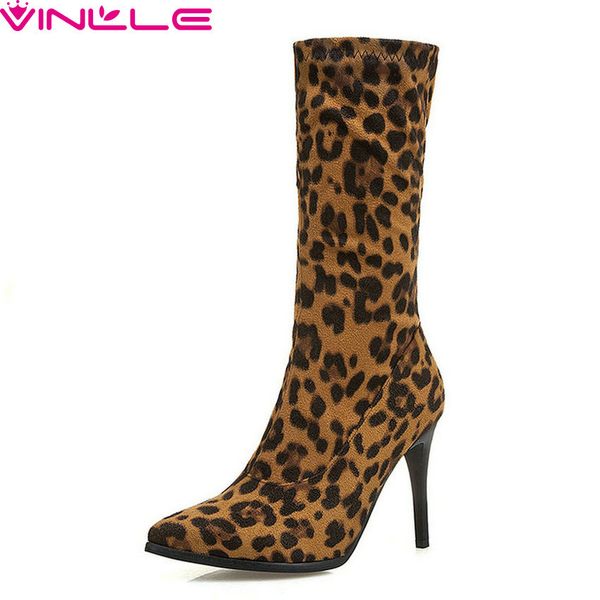 

vinlle 2019 fashion women mid calf boot pu leather pointed toe thin high heel elegant solid fashion all match shoes size 34-43, Black