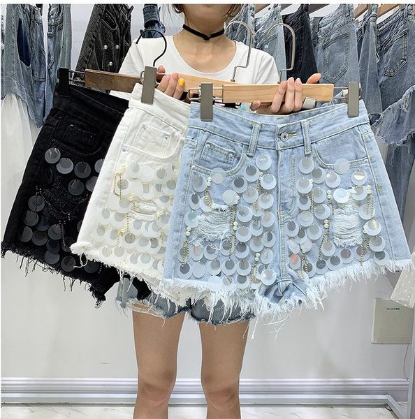 

2019 summer sequins tassel denim shorts women fashion high waist burr pockets hole jeans short casual wide leg shorts, White;black