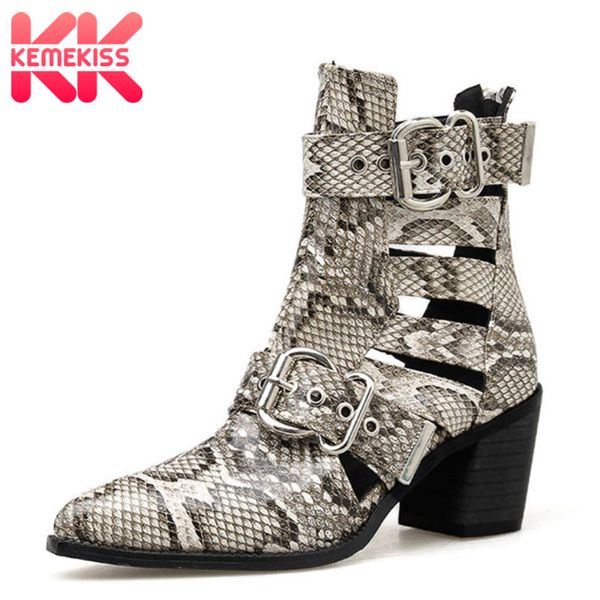 

kemekiss snakeskin pattern women ankle boots fashion buckle thick heel women shoes pointed toe female footwear size 35-42, Black