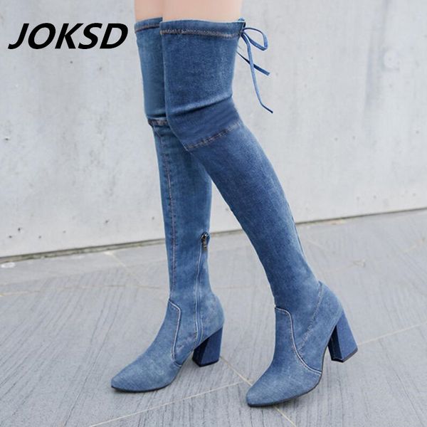 

women quality tight high jeans boots thigh high boots fashion over the knee heels woman shoes black blue l110