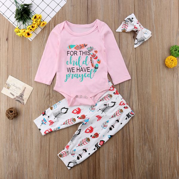 

newborn baby girls clothes set fashion letter print toddler kids costumes long sleeve pink romper+pants+headband 3pcs outfits, Pink;blue