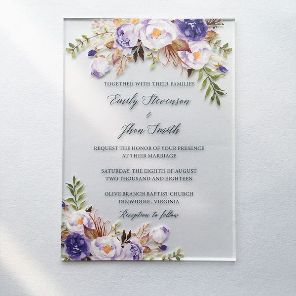 

50 pieces per lot purple watercolor style 5x7inch frosted acrylic wedding invitation cards ship to canada only
