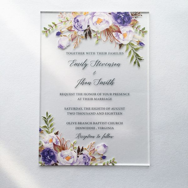 

50 pieces per lot purple watercolor style 5x7inch frosted acrylic wedding invitation cards ship to canada only