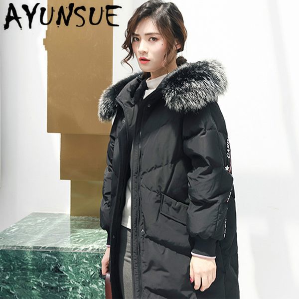 

ayunsue 90% белая утка вниз куртка женщин puffer jacket енот меховой воротник вниз пальто зимнее пальто женщины parka casacos 6837 yy1248, Black