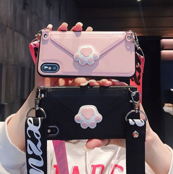 

fashion love heart leather phone cases for iphone xs max xr x 8 7 6 6s plus wallet stand cover cat claw lip card holder + strap shell
