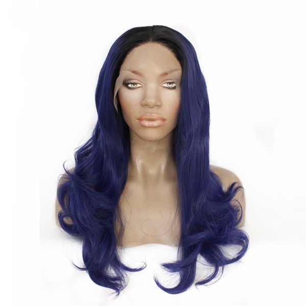 

black ombre blue synthetic lace front wig long wavy hair dark roots natural hairline fiber hair wig for women