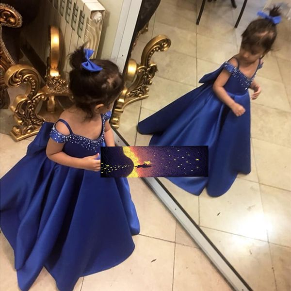 

royal blue little girls evening ball gown satin beaded kids wedding party flower girl dresses long toddler girls pageant dresses, Red;yellow