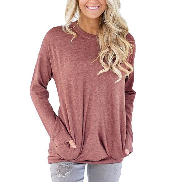 

women blouses designer women pocket summer fashion long sleeve shirt ladies round neck loose casual solid tee shirts top, White