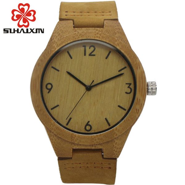 

sihaixin leather wood watch men natural hand-made bamboo quartz man clock special groomsmen present reloj hombre drop shipping, Slivery;brown