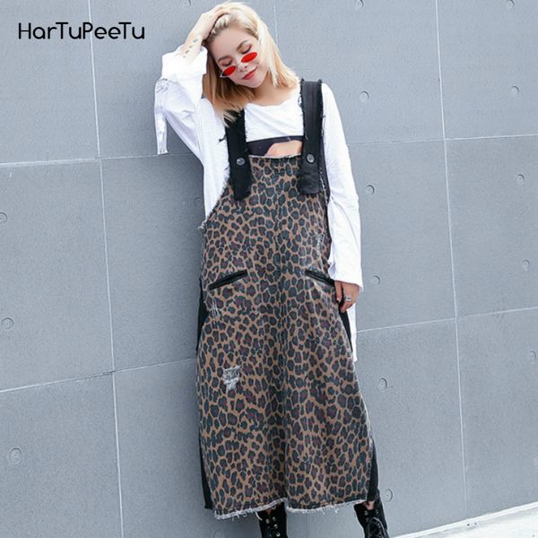 

casual dresses women's strap leopard pinafore bib overall a line dress hole patch stitching with pockets 2021 fashion tide, Black;gray