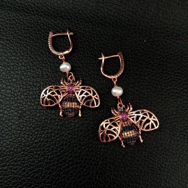 

women's white pearl rose golden plated cz insect lever back earrings