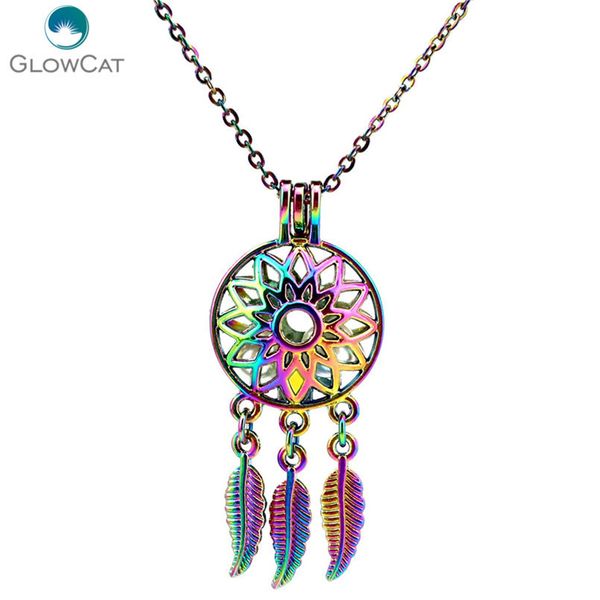 

c679 colors rainbow flower dream catcher leaves beads leaf cage pendant essential oil diffuser locket necklace, Silver