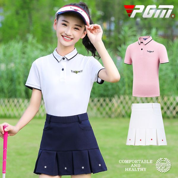 

2019 pgm girls golf summer skirts set short sleeve shirt a-lined star skirt children girls tennis badminton clothing d0786, Black;blue