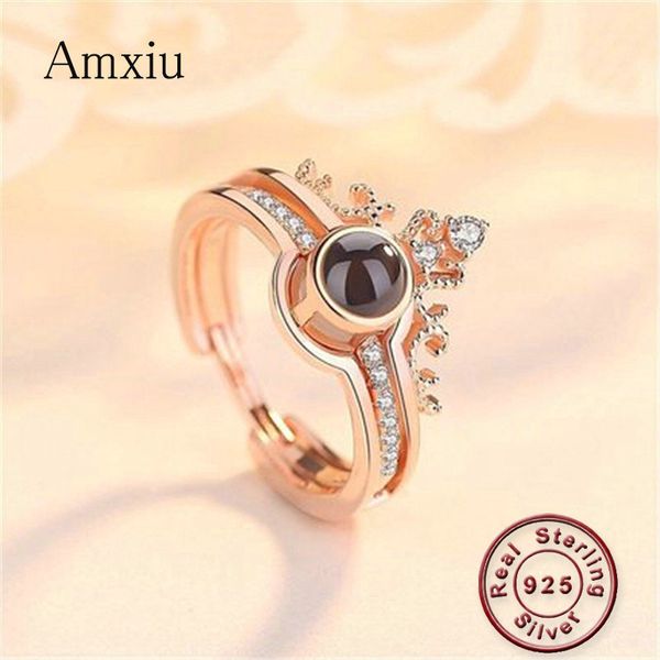 

amxiu две пьесы на 100 языках я люблю тебя проекция кольцо 925 серебряное кольцо регулируемая корона циркон кольца открыть для женщин, Golden;silver