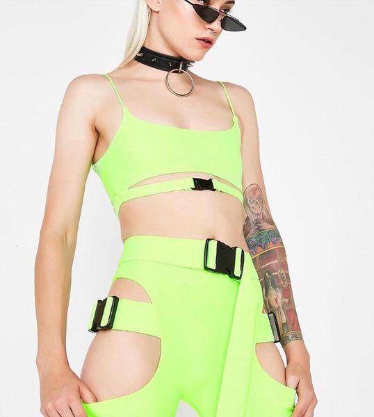 

2019 girl cut out neon green buckle shorts set women tight buckle festival suits two piece night out outfits clubwears, White