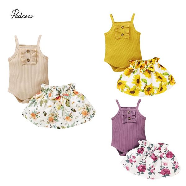 

summer newborn infant baby girls outfits 2-piece set summer fashion casual solid color sling jumpsuit + floral print skirt set, White