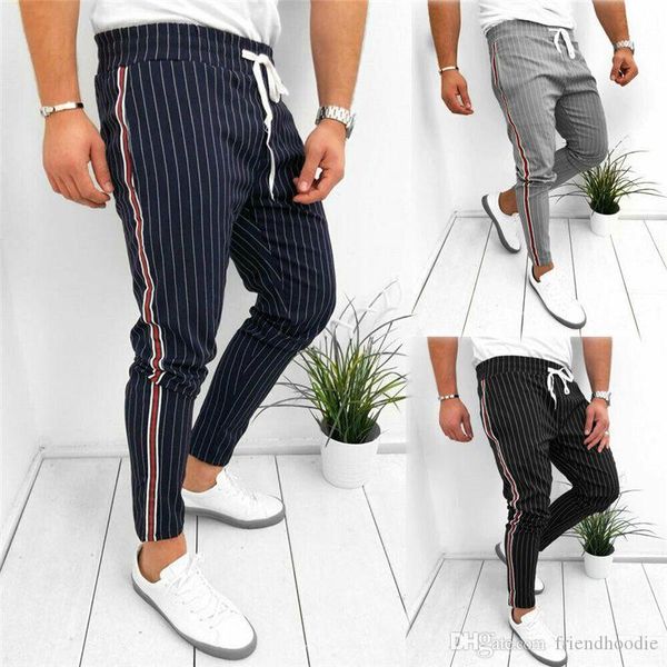 

striped print mens pencil pants relaxed loose mens casual long pants fashion homme trousers, Black