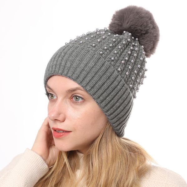 

christmas hair accessories 2019 new europe and america winter pure color plush pearl fashion warm wool hat women's knitting hat