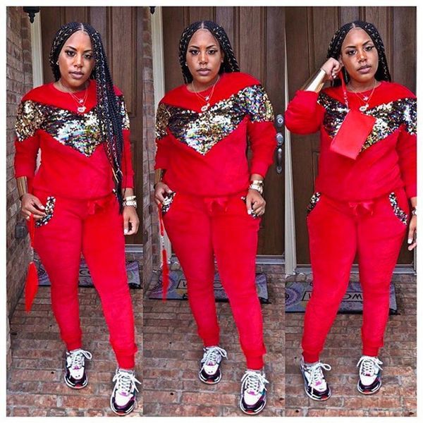 

толстое velvet пришивания 2 set женщина tracksuit толстовка топы и pant повседневных костюмов нижнее осень-зима велюр sweatsuit, White