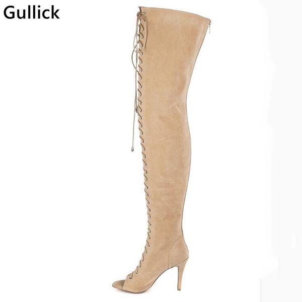 

real p over the knee summer boots lace-up 10 cm high heel back zipper shoes selling for women, Black