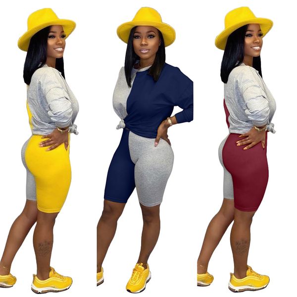 

women crew neck long sleeves colors patchwork shirts + bodycon short pants casual club party winter cotton two piece pants set, White