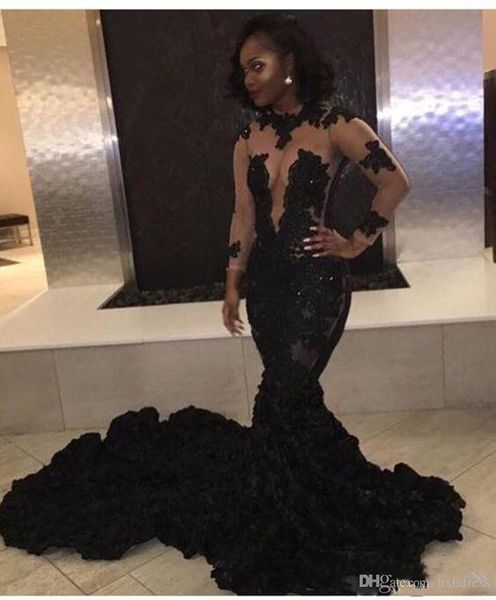 

new black lace appliques prom dresses cascading ruffles sheer mermaid long sleeves illusion style sweep train evening gowns party dress a320
