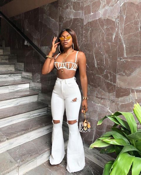 

2019 casual jeans women cotton denim trousers slim high waist holes flare pants cowboy jean femme, Blue