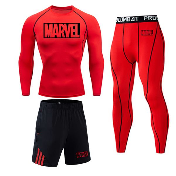 

2020 brand marvel letter men's running set compression sports suits skinny tights clothes gym fitness sportswear shirt quick dry, Black;blue