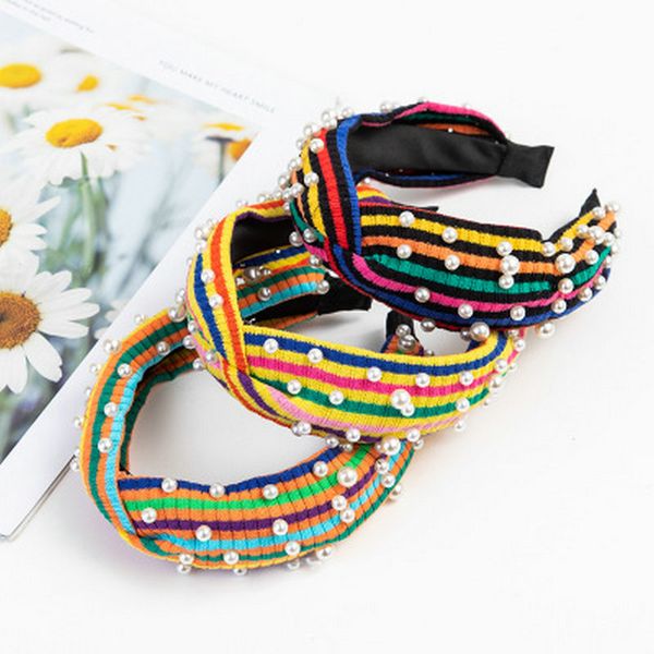 

rainbow hit color striped headband hairband hair bands for women pearl striped head bands gum hair cut style djrvi, Black;brown