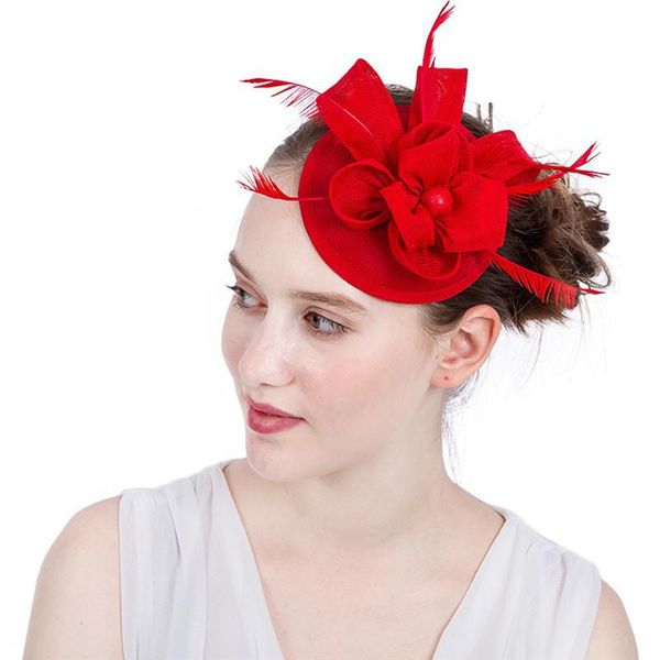 

european american fashion wedding bridal red little hat lace flax flower feather handmade hat bridal banquet festival party